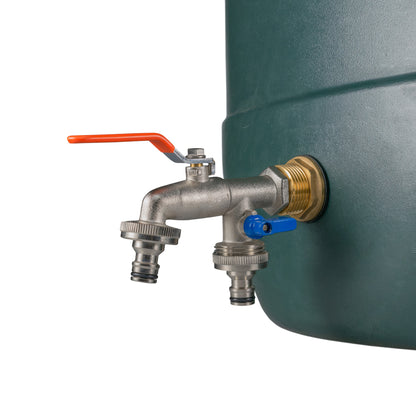 Water butt tap installation on tank showing brass inlet, orange lever, and two outlets