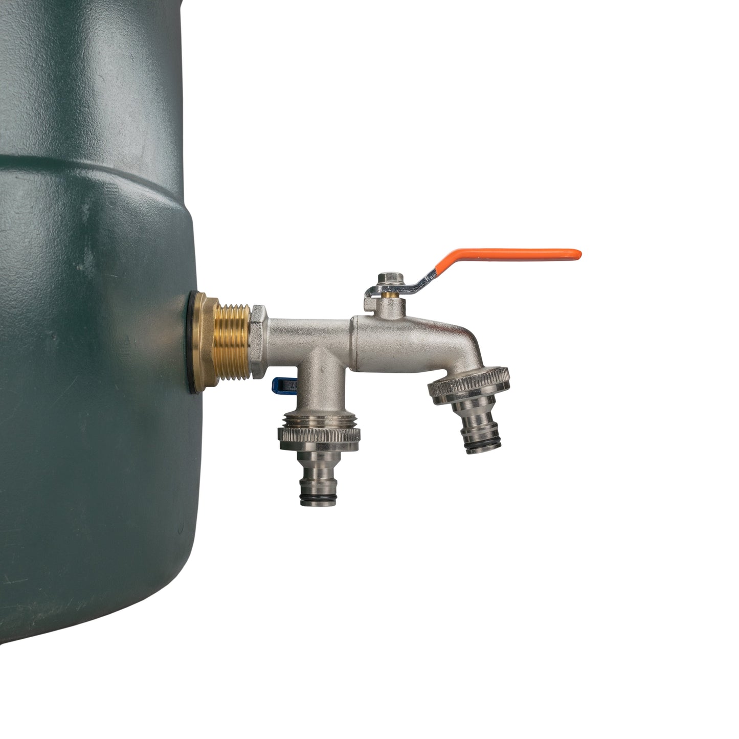 Brass tap kit on tank with orange lever handle and quick-connect outlet fitting