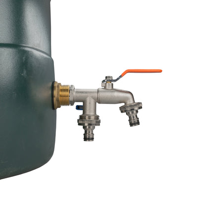 Brass tap kit on tank with orange lever handle and quick-connect outlet fitting