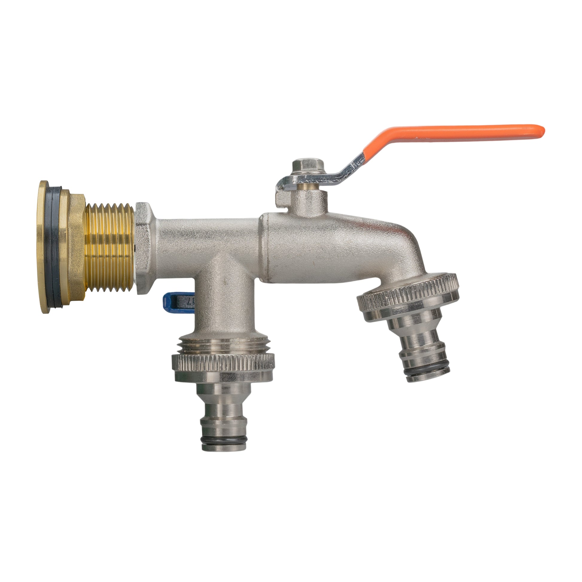 Brass water butt tap kit with orange lever handle and double quick-connect outlets