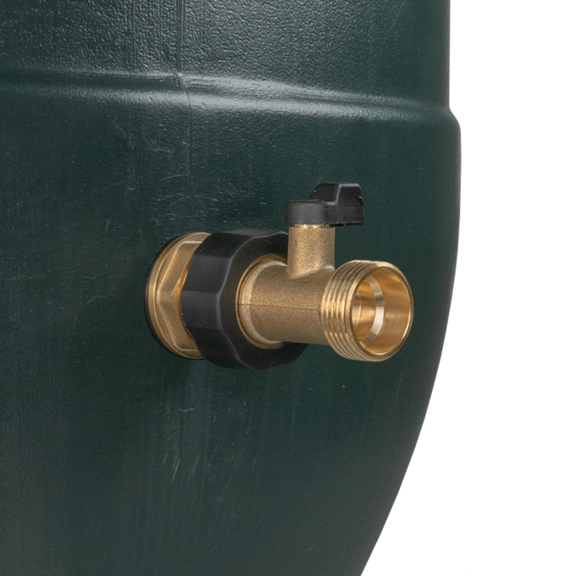 Brass tap valve with black gasket on water butt inlet, external thread
