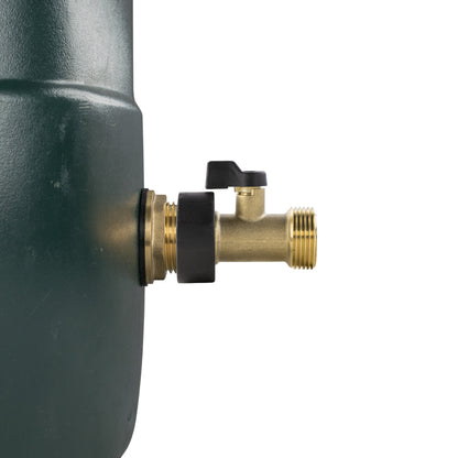 Brass tap valve with black gasket on tank wall, outlet thread