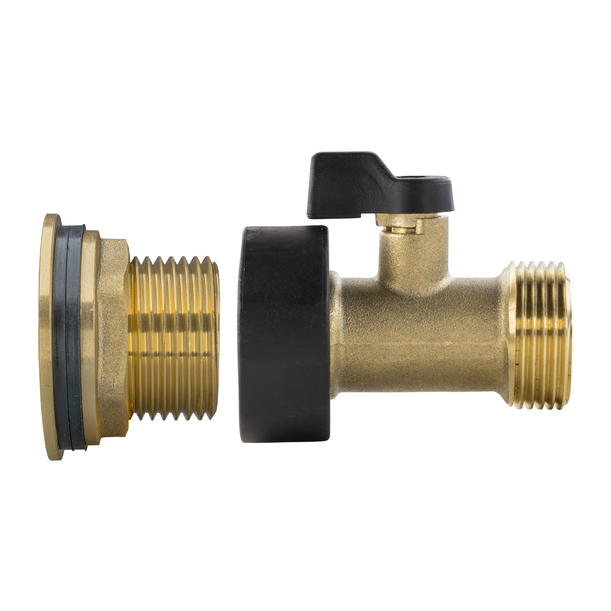 Water butt brass valve with black seal washer, inlet/outlet threaded ends