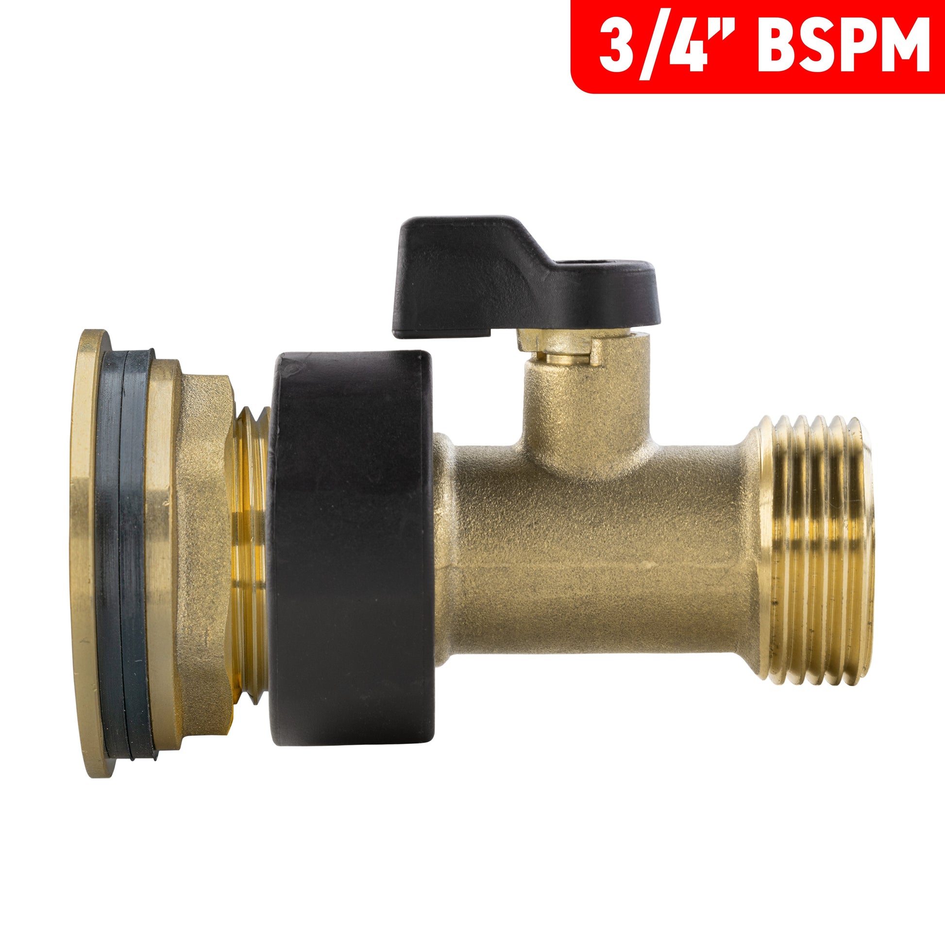 3/4" BSPM brass water-butt valve with black seal washer and outlet thread