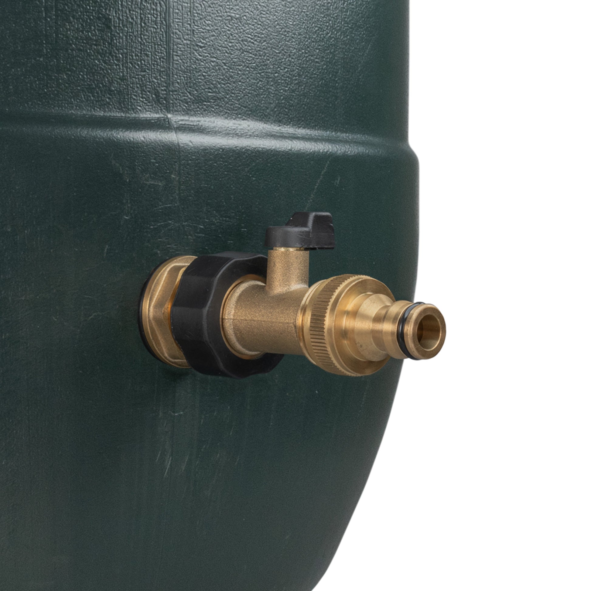 Brass quick-connect tap fitting mounted to water butt with black sealing sleeve