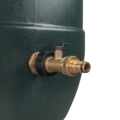 Brass quick-connect tap fitting mounted to water butt with black sealing sleeve