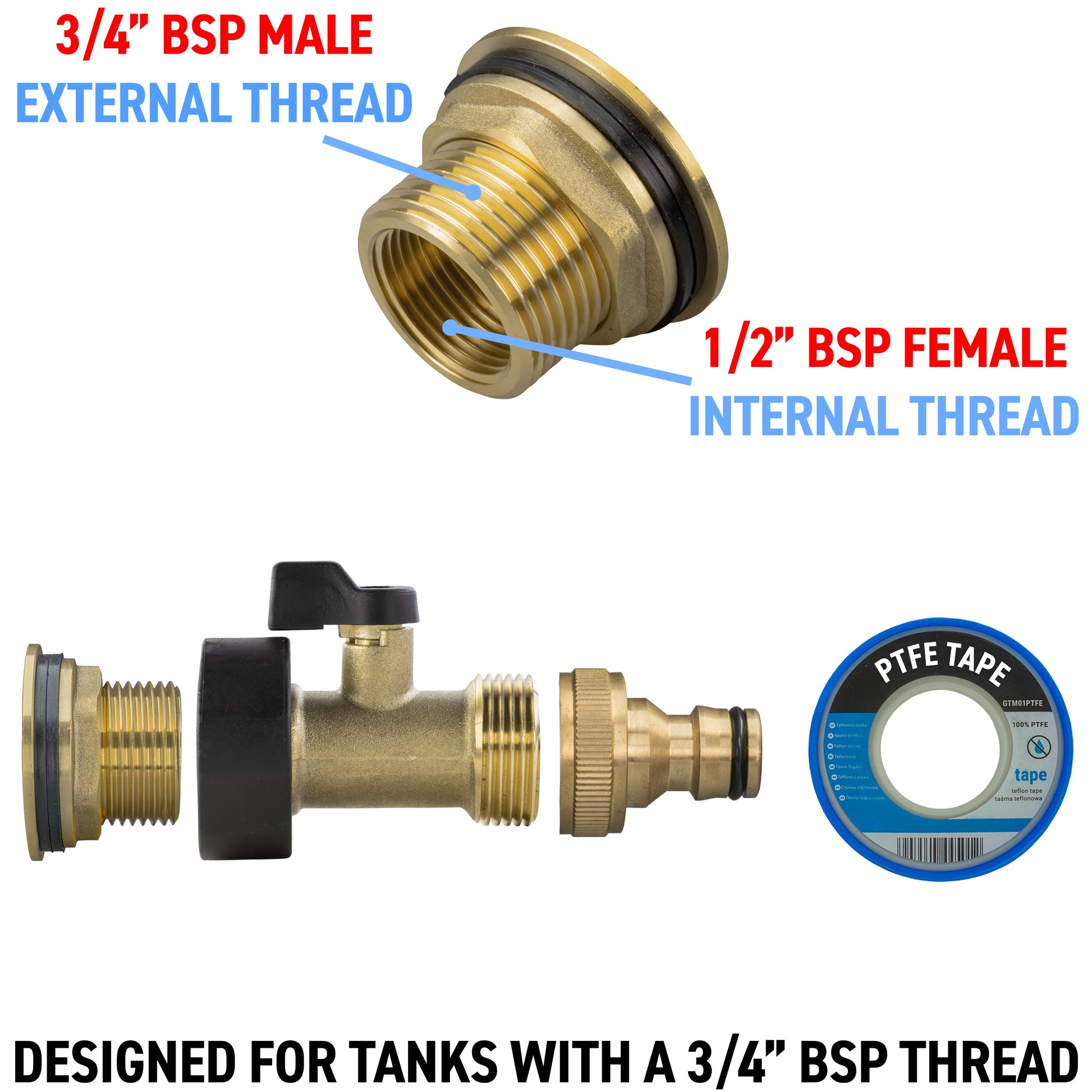 Brass threaded adapter end showing 3/4-inch BSP male to 1/2-inch BSP female