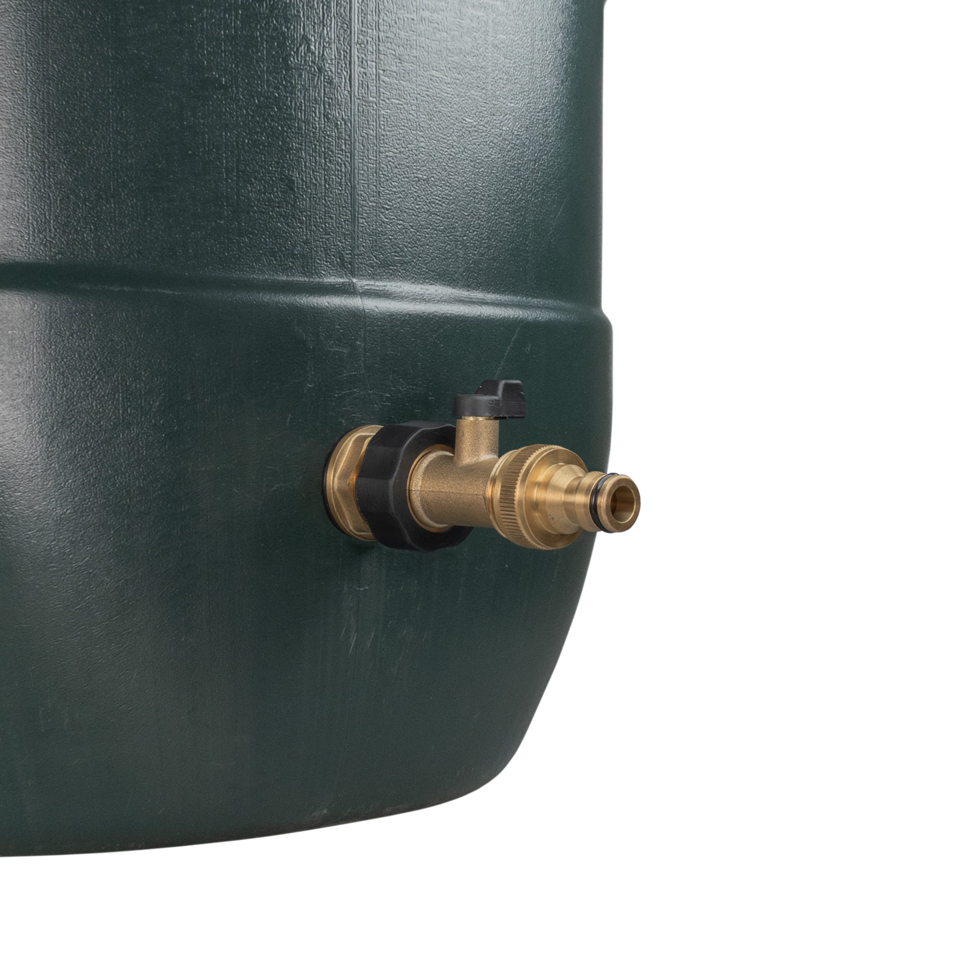 Brass quick-connect tap spout on water butt with black O-ring style seal