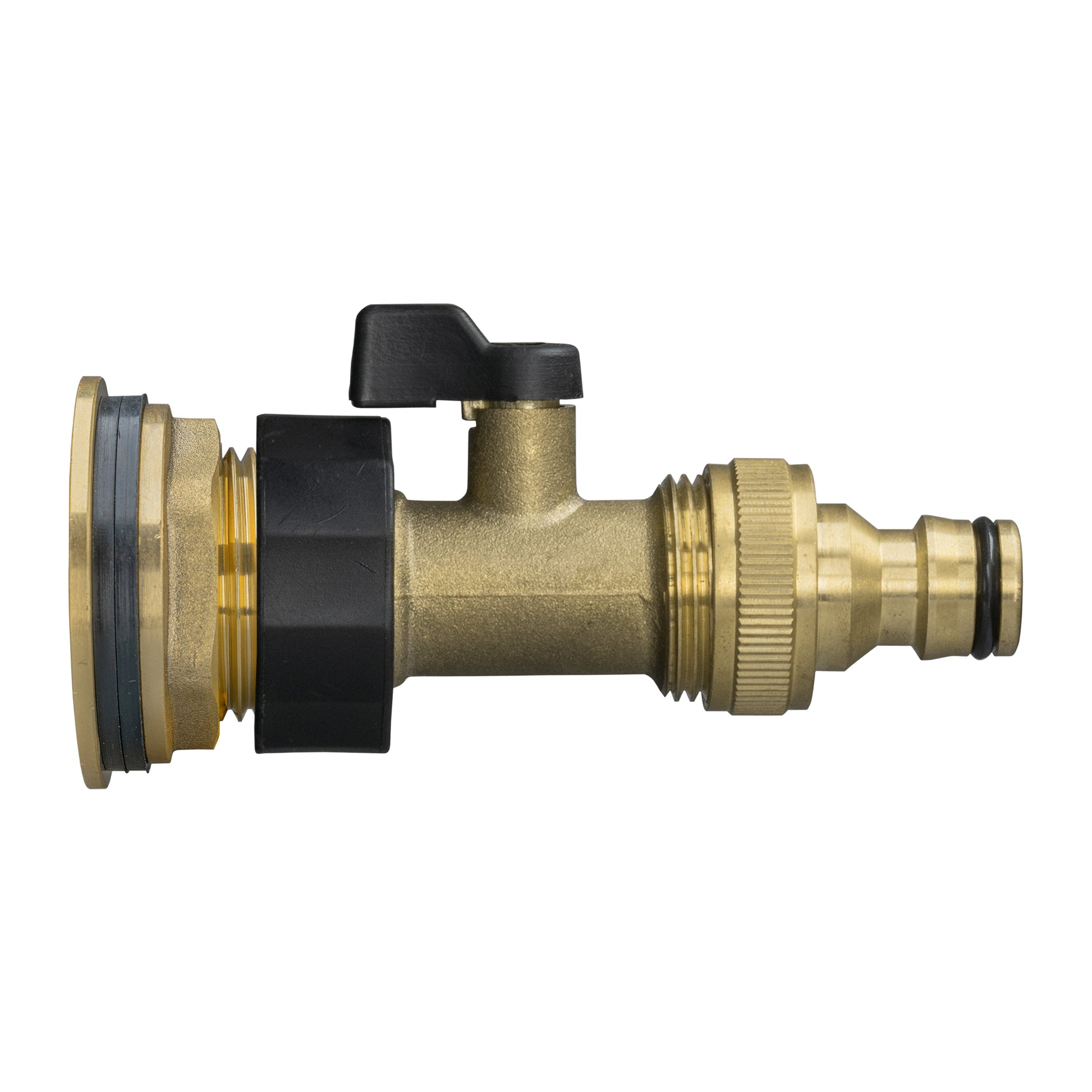 Brass water butt tap connector with 3/4-inch valve and quick-connect fitting