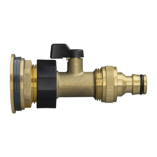 Brass water butt tap connector with 3/4-inch valve and quick-connect fitting