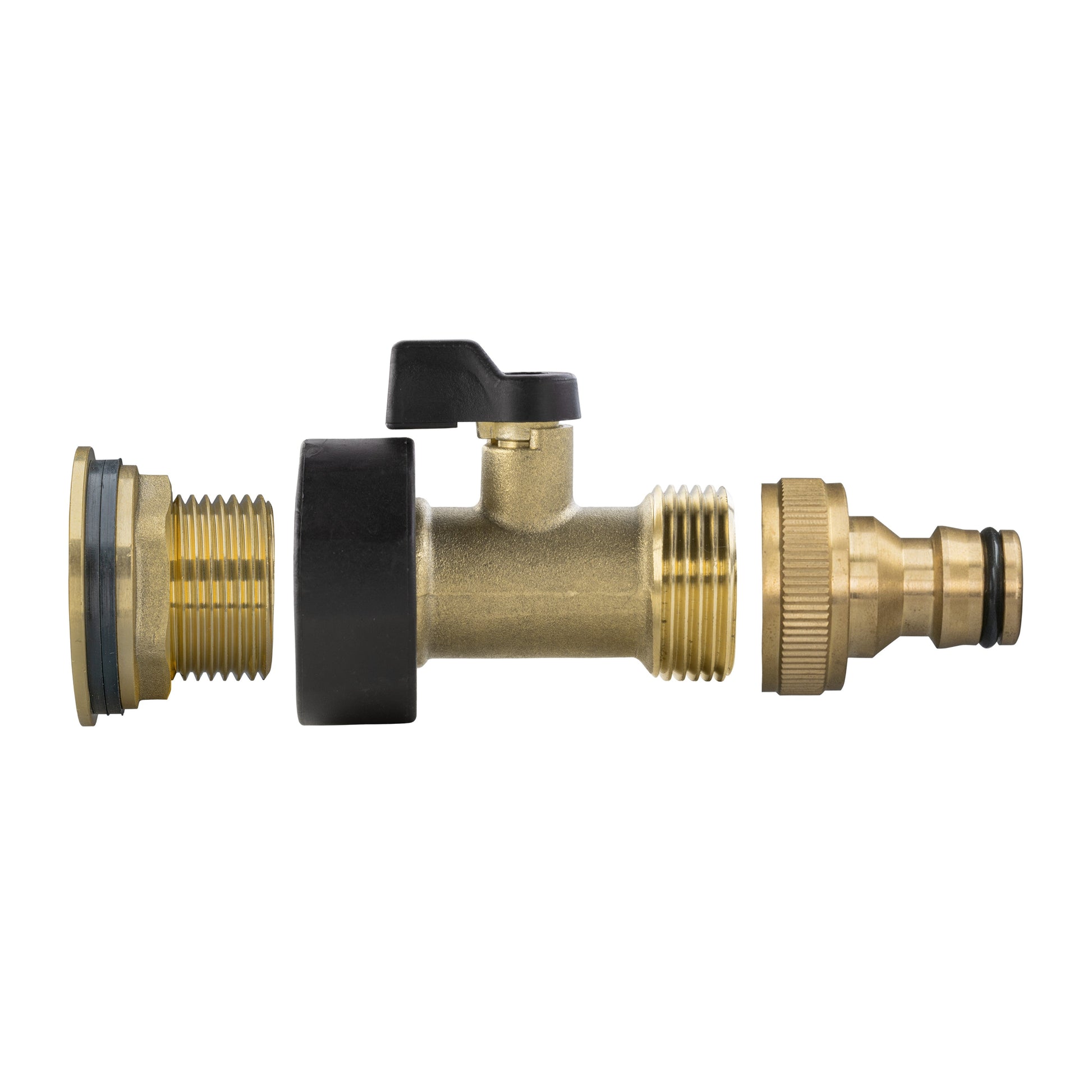 Brass water butt valve kit with quick-connect hose fitting and black mounting ring