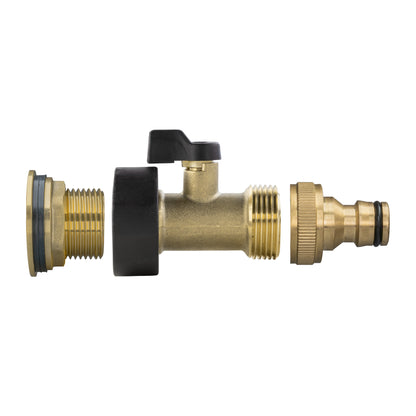 Brass water butt valve kit with quick-connect hose fitting and black mounting ring