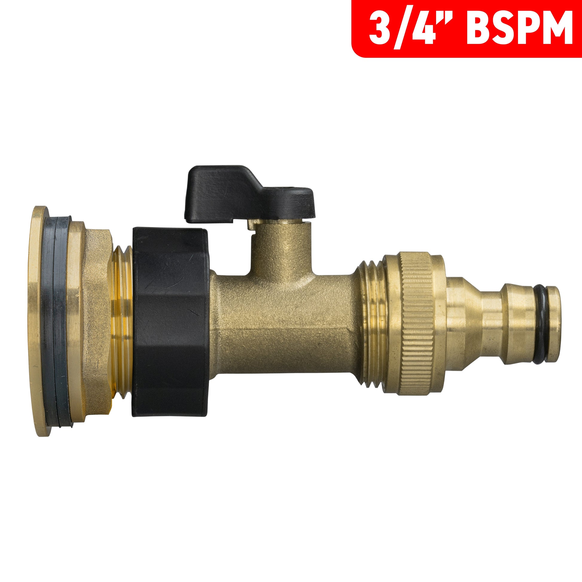 3/4-inch BSPM brass water butt valve connector with black seal and hose end
