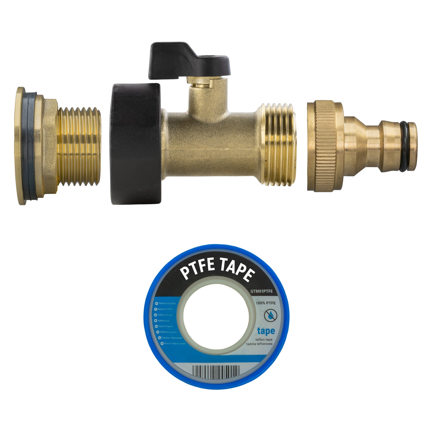 Brass tap connector with quick-connect end and PTFE tape for sealing threads