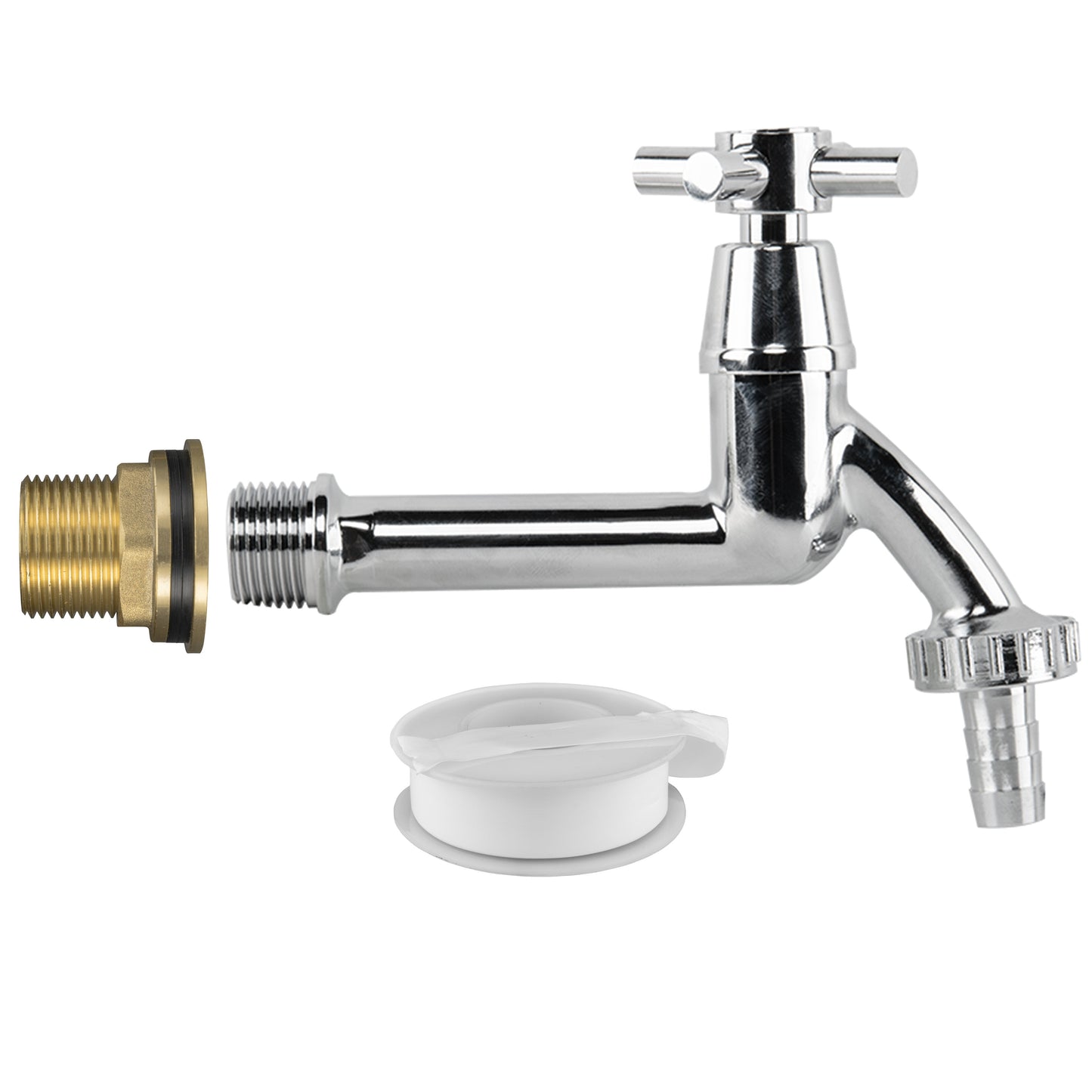 Brass and chrome water butt tap kit with 1/2" barb connector, seal cap and drill bit