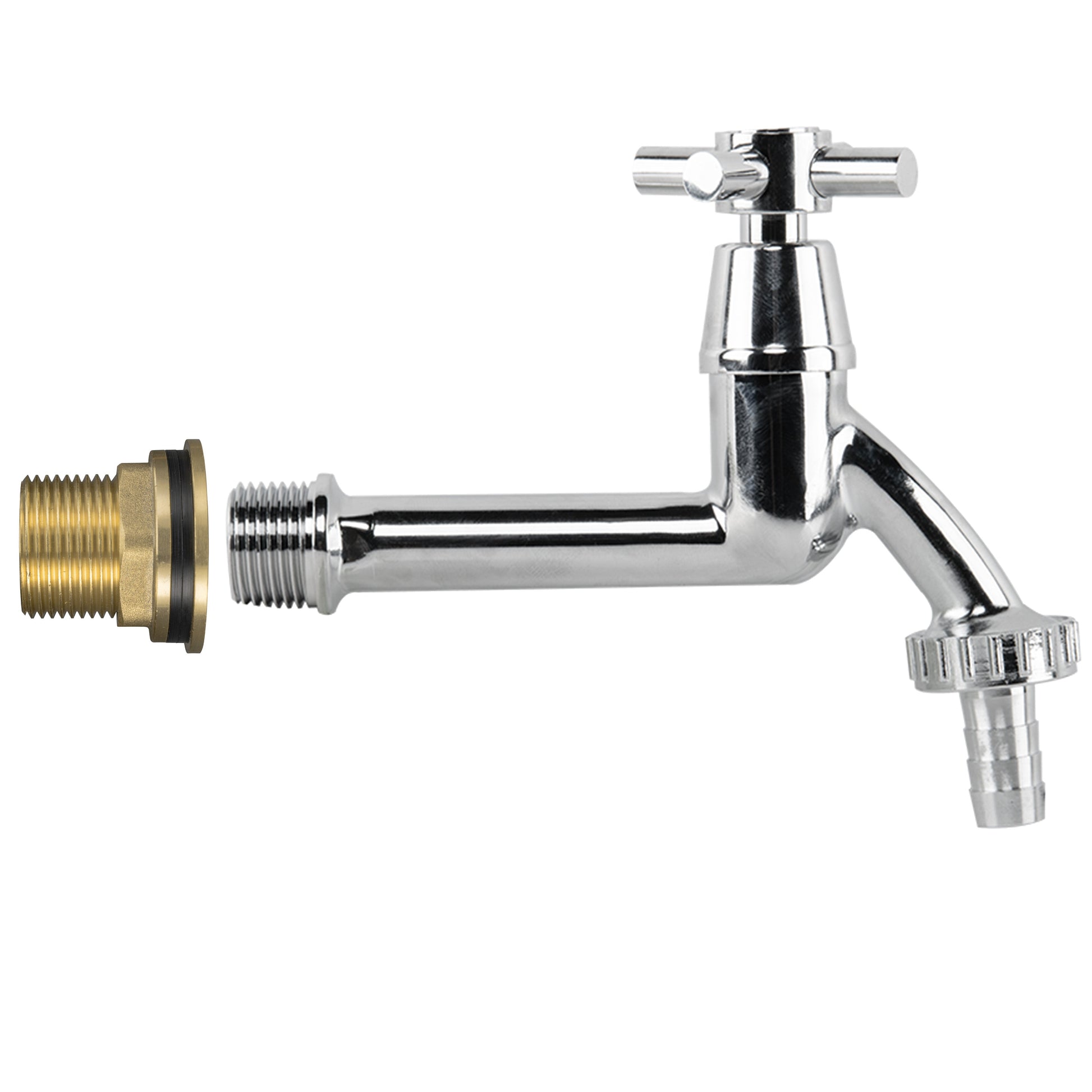 Extended chrome water butt tap with brass threaded connector and 1/2" barb outlet