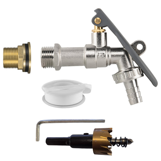 Messing-Wasserfass-Kit 3/4" mit Hebel-Tap, Schlauchtülle, Hebelsperre, Bohrer