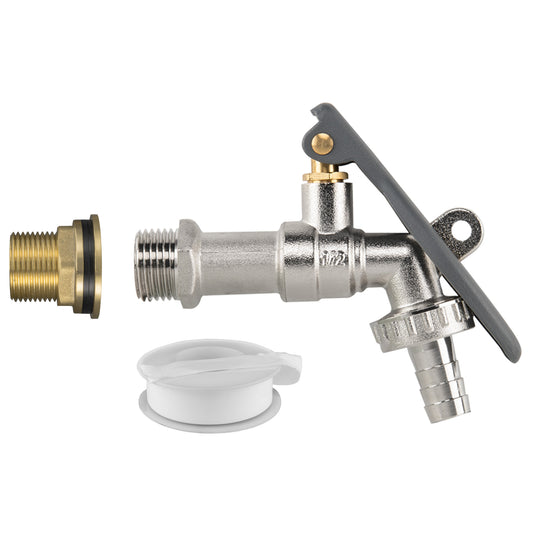 Water Butt Brass Kit 3/4" lever tap with hose barb and lever lock, plus spare cap