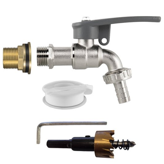 Kit grifo latón 3/4" con palanca, barb para manguera y broca de taladro