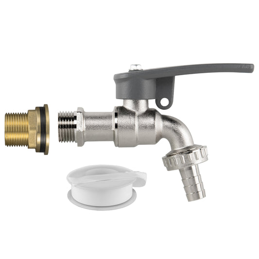 Brass water butt tap with lever handle, hose barb and 3/4" BSP fitting