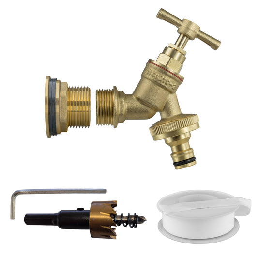 Brass 3/4" water butt tap connector kit with quick-connect outlet and 1/2" hose fitting