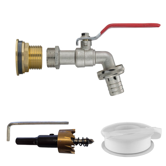 Brass water butt tap kit with 3/4" BSP male inlet, barbed lever outlet and handle