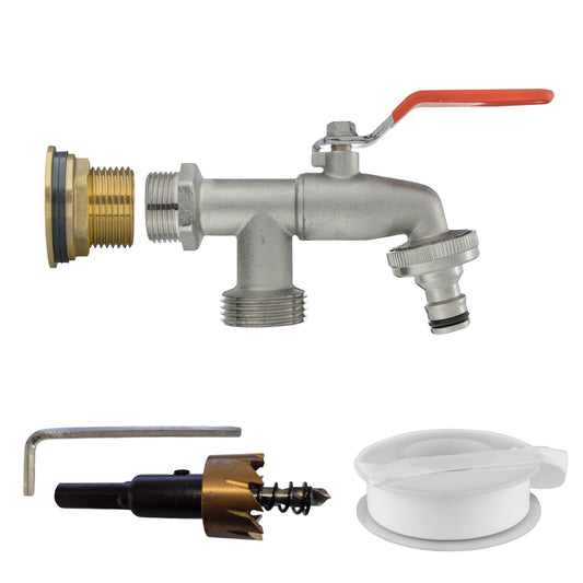 Brass water butt tap kit with double tap, orange lever handle, and 3/4" BSP connections
