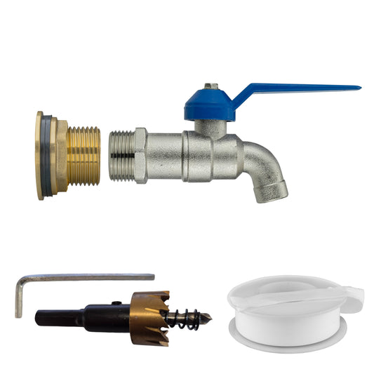 Water butt brass tap kit with 3/4" lever handle, inlet connector, drill bit, seal