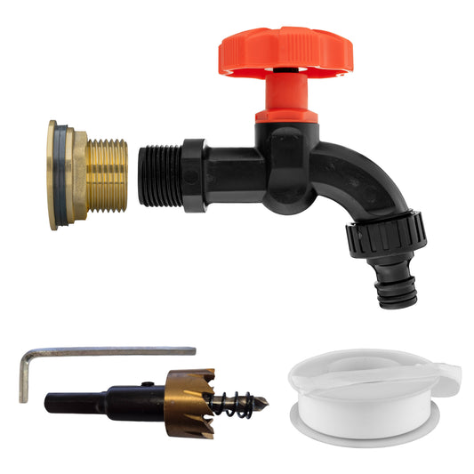 Water butt brass tap kit, 3/4" BSP with black dial and orange lever handle