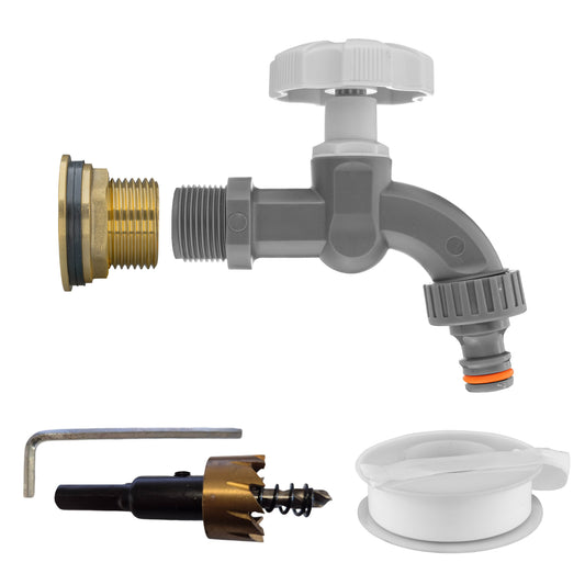 Water butt brass kit 3/4" with grey dial tap, angled spigot and drill bit