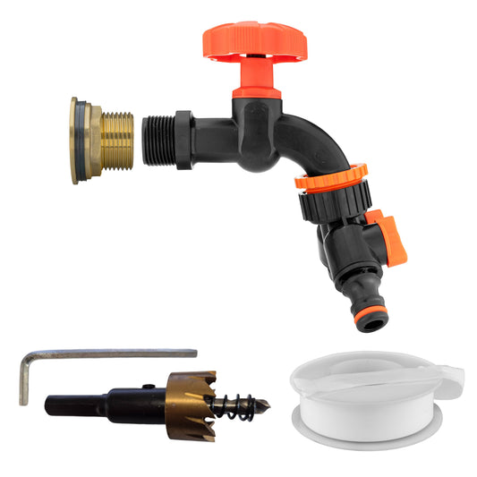 3/4" BSP brass water butt tap kit, black dial and two-way splitter