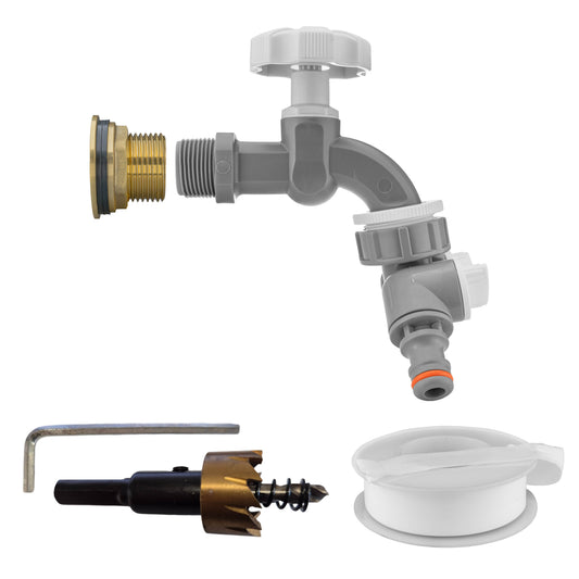 Water butt brass tap kit 3/4" with grey dial, two-way splitter and drill bit