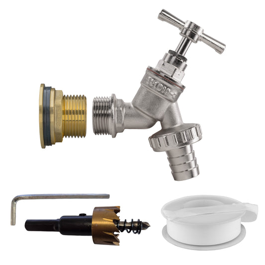 Water butt tap kit with 3/4" barb fitting, nickel-plated outlet, shutoff handle