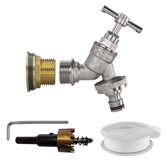Water Butt Brass Kit 3/4" quick-connect tap with nickel-plated brass and fittings