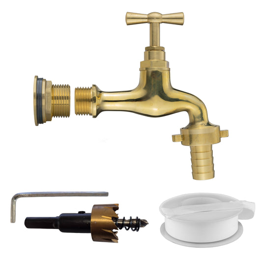 Polished brass water butt tap kit: 3/4" BSP male, 15mm barb outlet, drill bit