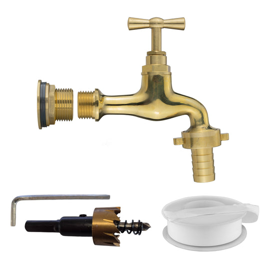 Brass water butt tap kit: 3/4" BSP male with polished finish and barbed outlet