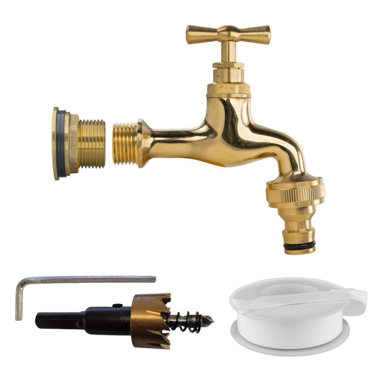 Polished brass garden water butt tap kit with quick-connect fitting and threaded inlet