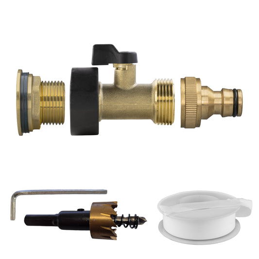 3/4" brass water butt tap kit with quick-connect outlet and black rubber seals