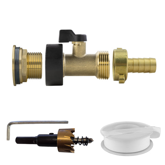 Brass water butt tap kit: 3/4" BSP male, 13mm hose barb, black seal, drill bit