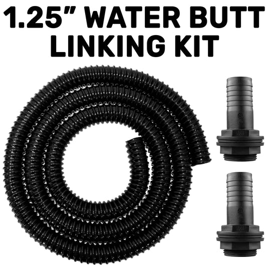 1.25" Water butt linking kit with black corrugated hose and two outlet connectors