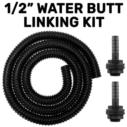 1/2 in water butt linking kit with coiled hose and two black connectors