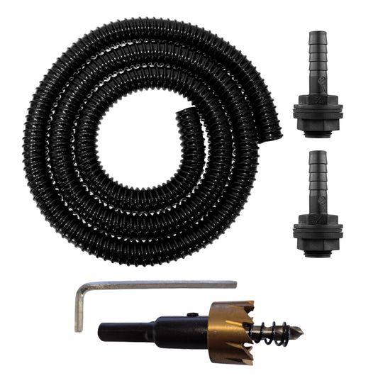 1/2" water butt linking kit with coiled hose, two connectors, and drill bit