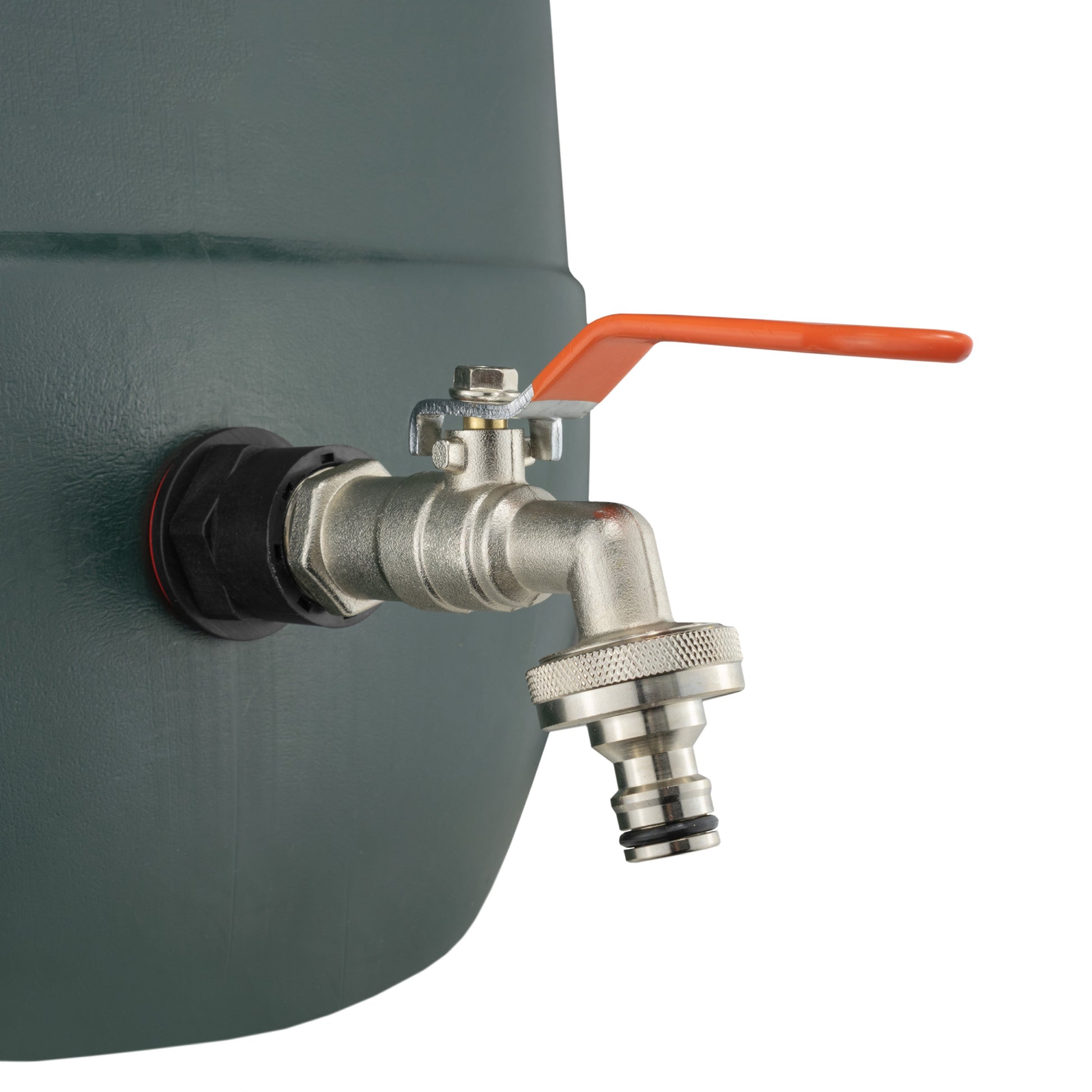 Water butt tap kit with orange lever and quick-connect outlet on the tank port