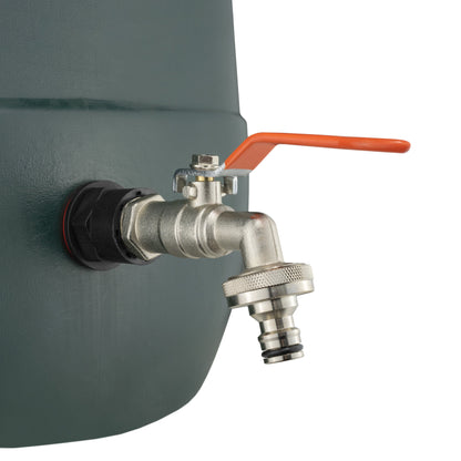Water butt tap kit with orange lever and quick-connect outlet on the tank port