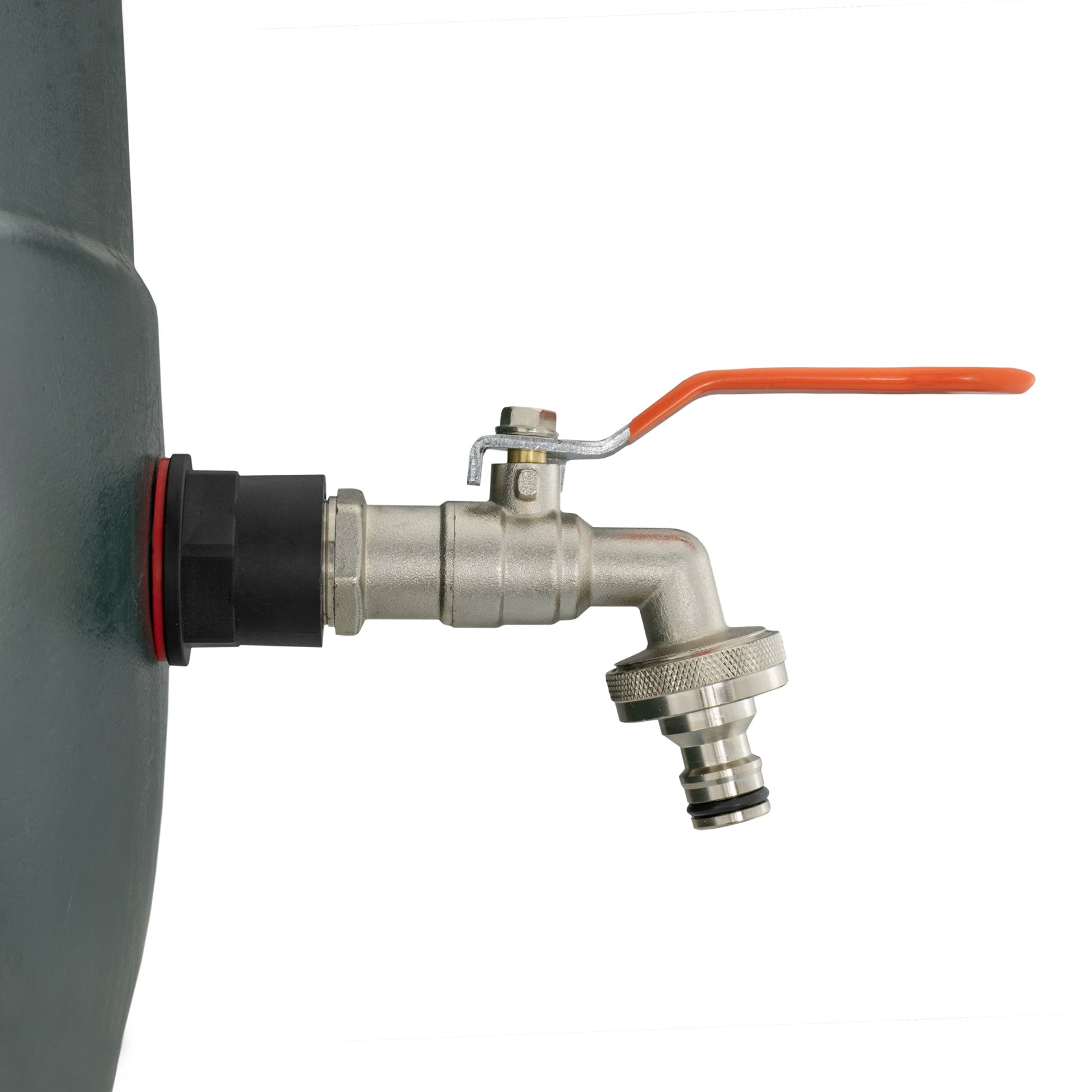 Water butt tap connector with orange lever, metal valve, and garden hose outlet