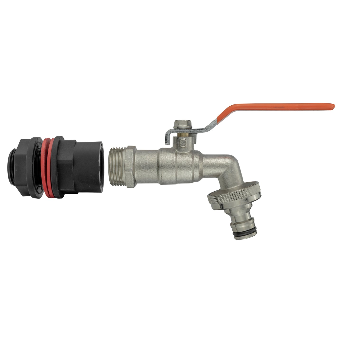 Water butt tap kit with quick-connect lever, metal body and threaded inlet
