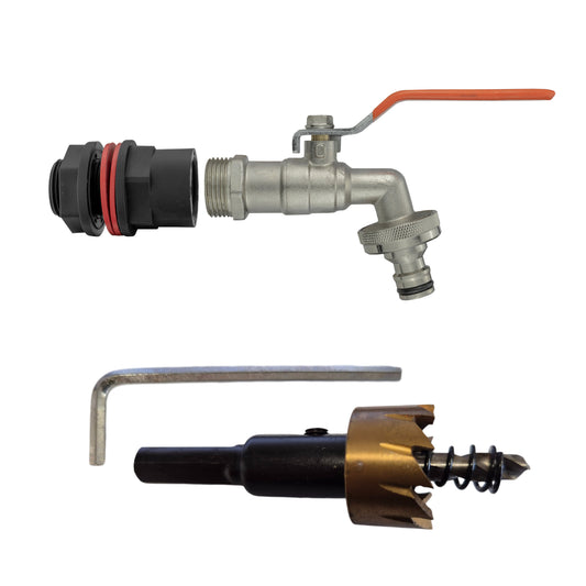 1/2" BSP tap connector with orange lever and quick-connect hose fitting