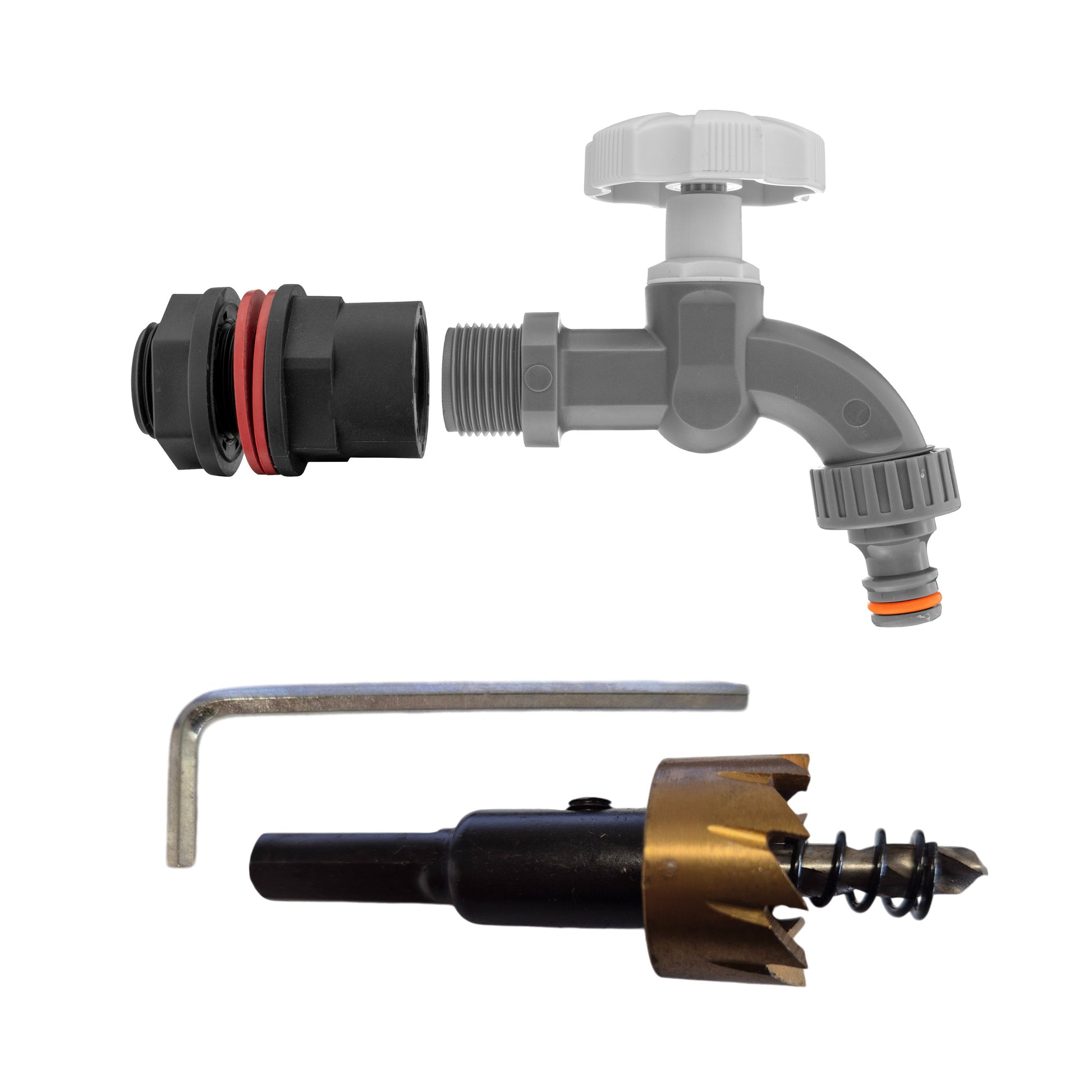 Water butts tap kit 1/2" with PP hose adapter and drill bit