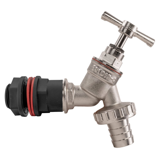 Nickel-plated barbed tap with hose connector, 1/2" BSPM water butt kit