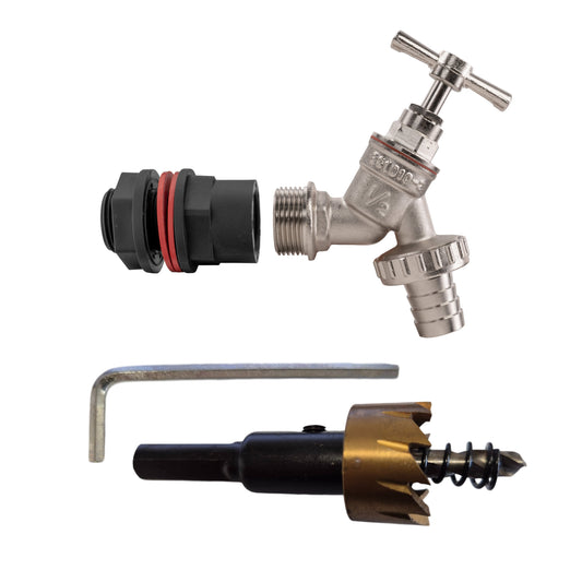 Water butt kit: 1/2" BSPM nickel-plated tap with barbed connector and drill bit